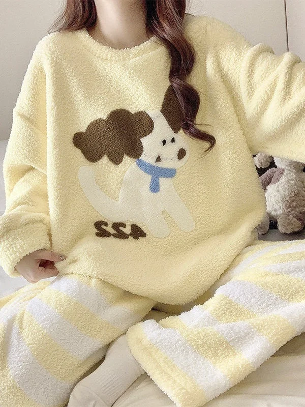 Yellow Plush Sleepwear Women's Thickened Long Sleeve Long Pants Home Clothes Half Velvet Warmth Cartoon Cute Style Winter New...