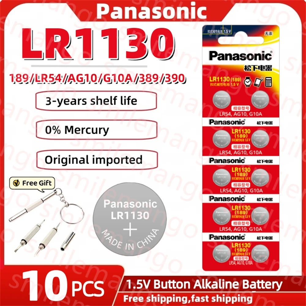 

10 шт., щелочные кнопочные батарейки Panasonic 189 LR1130 AG10 SR1130 389 LR54 SR54 1,5 V для быстрого игрушечного термометра