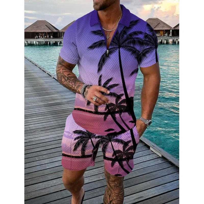 

Hawaii 2 Pcs Sets 3D Coconut Tree Print Zipper Polo Shirt Short Sleeve Shirt And Shorts Casual Fashion Zip-Up Man Sweatshirt
