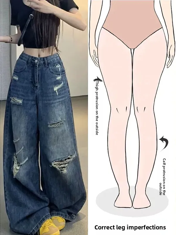 

Джинсы женские в стиле Street Style, выцветшие, с высокой талией, широкими штанинами, длинные, повседневные, с вырезами, винтажный вид, для фигуры типа «груша», летние