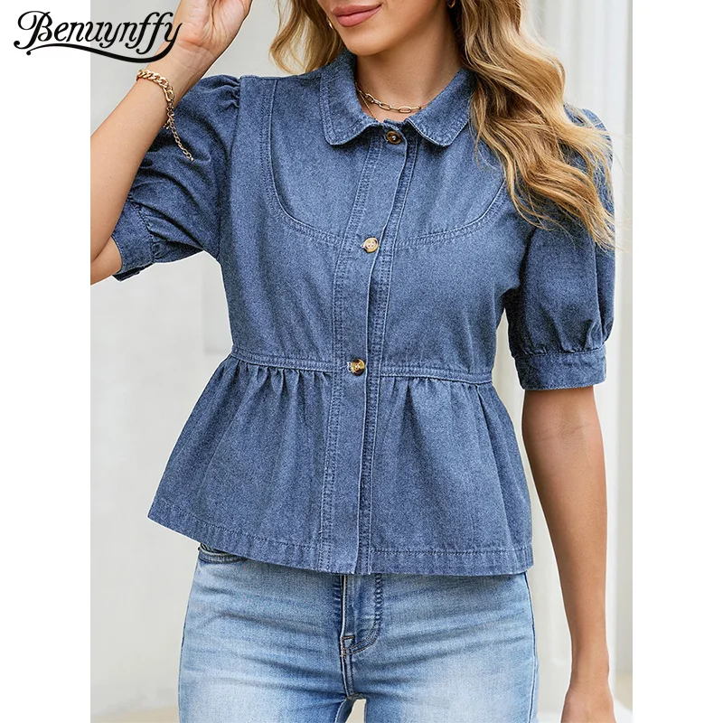 Benuynffy New Vintage Puff Sleeve Denim Shirt Women Summer Single Breasted Casual Ruffle Hem Short Jean Blouses Tops 2026