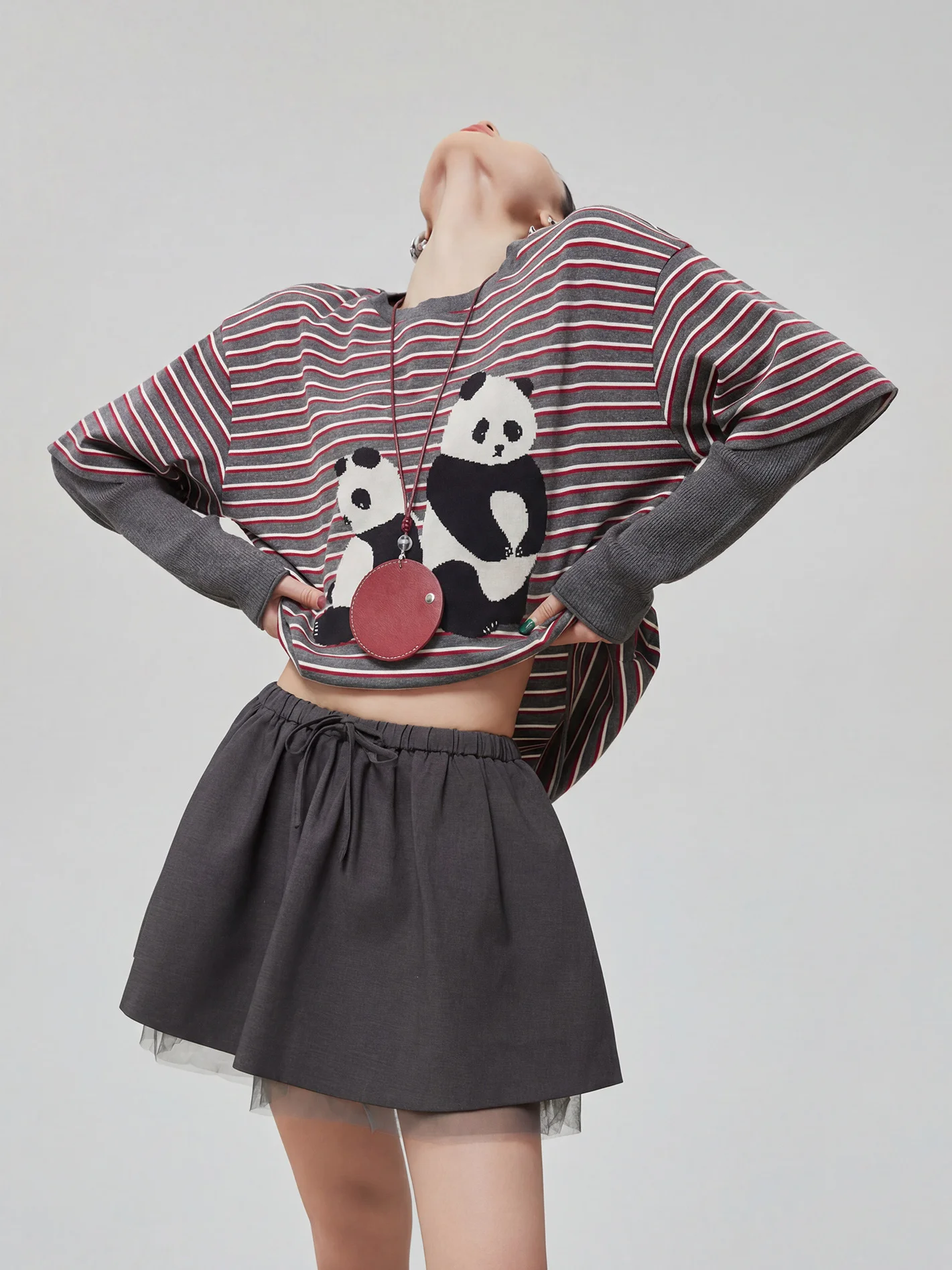 

Vintage Panda Long Sve T-irt Women's Striped Color Blo Top Trendy Spring New Sle Universal Fit Casual Faion