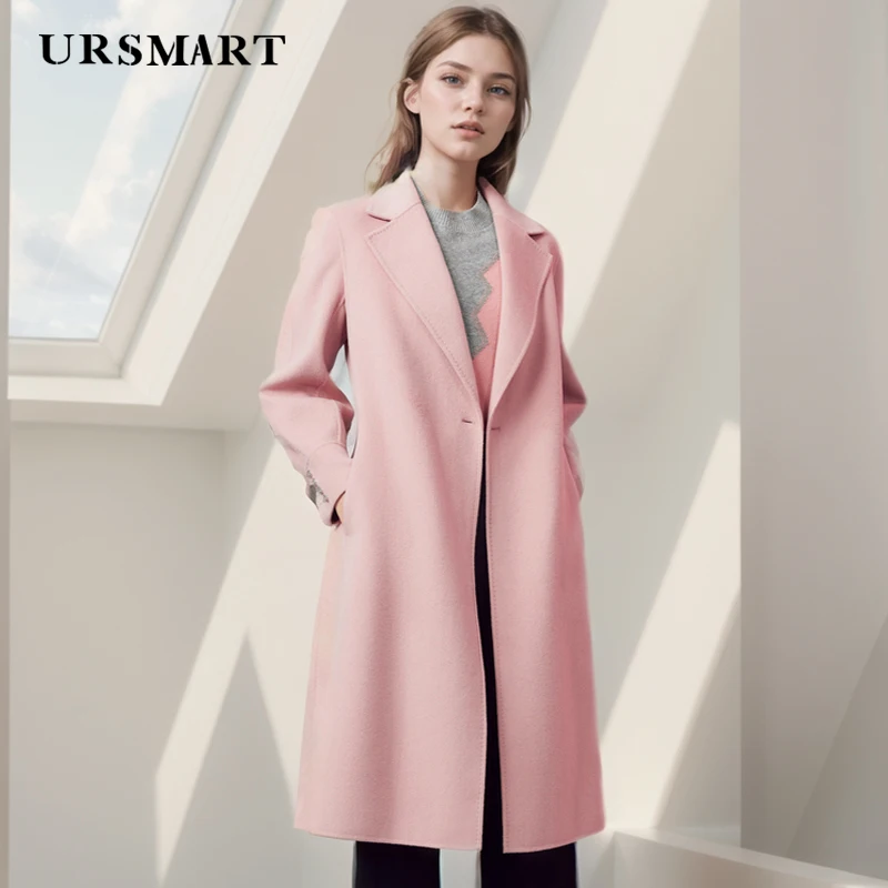 Elegant Women's Long Pink Wool Coat - Modern Minimalist Custom Loose Fit Warm Wool Blend