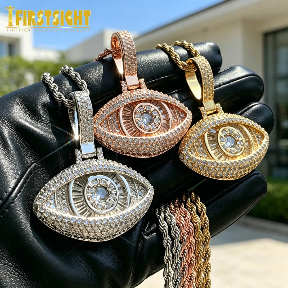 New Iced Out Stereoscopic Eye Pendant Necklace Prong Setting Bling Cubic Zirconia Evil Eye Charm Men Women Hip Hop Jewelry