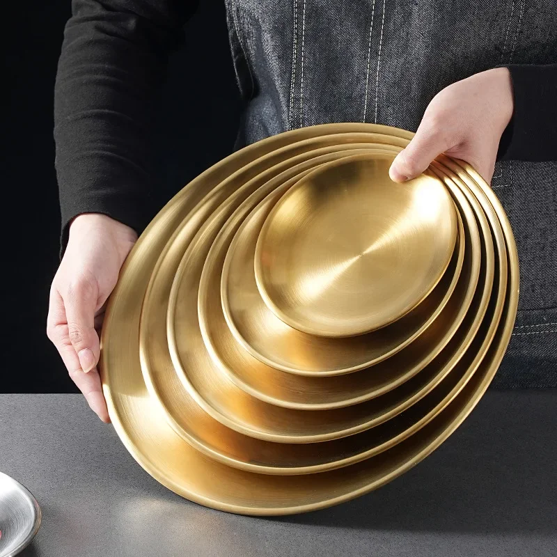 2PCS High Quality Gold Tray Stainless Steel Dining Disc Round Bone Spitting Dishes Fruit Meat Dessert Plate Kitchen Tableware