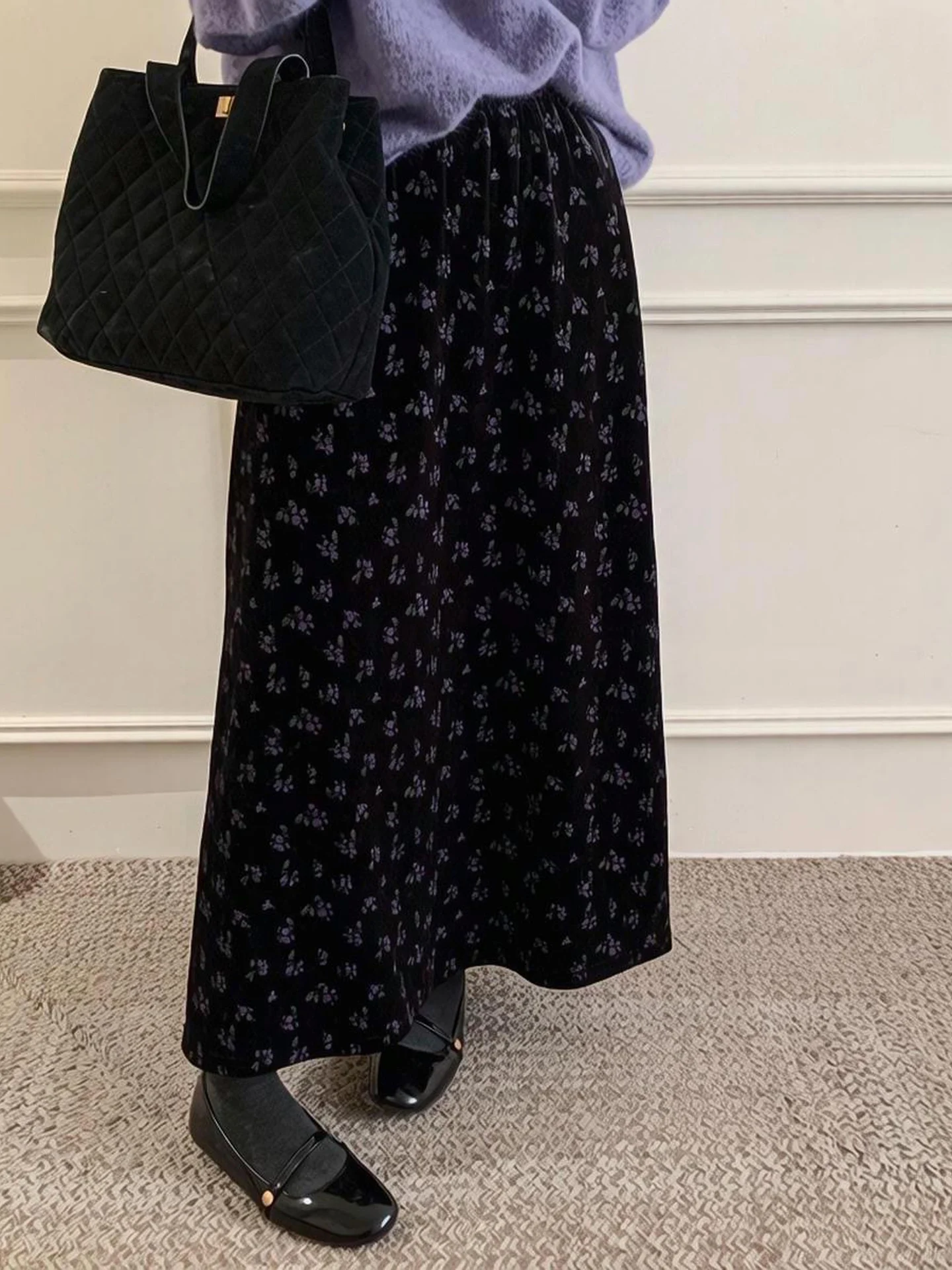 Velvet Loose Slimming Casual Women's Half Skirt Floral Long Dress High Waist A-Line Silhouette Daily Wear Autumn New Style