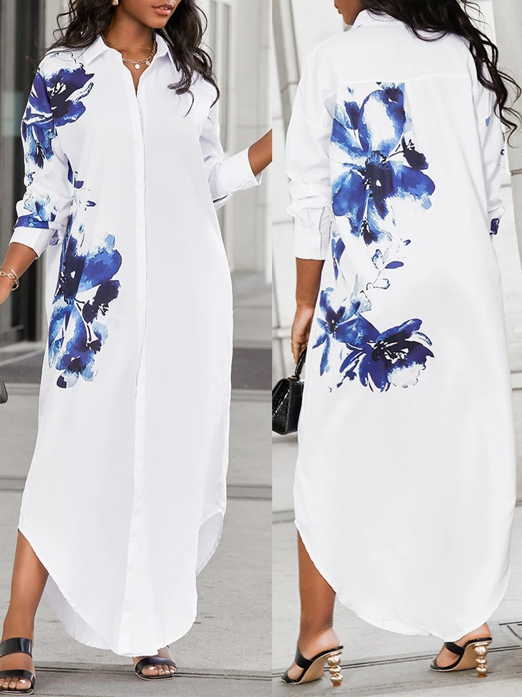 

2023 Summer Dresses for Women Floral Print Long Sleeve Button Down Shirt Dress Vestidos De Mujer Casual Elegant Maxi Robe Female