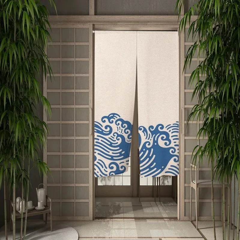 Image of VIKAMA Minimalistischer japanischer Wellenvorhang für Halbtüren, Raumteiler-Vorhang für den Eingangsbereich, Bohrerfreier Raumteiler-Vorhang