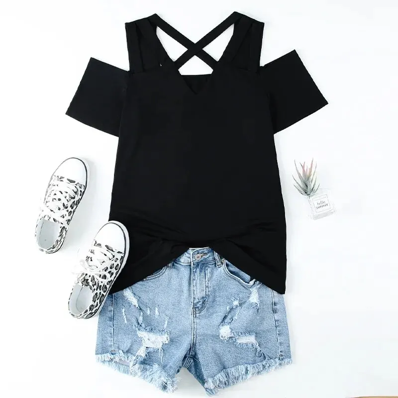 Shiying Strappy Cross Short-sleeved Blouse Women\'s Black Slim Slimming Design T-shirt Shows Body Hot Girl