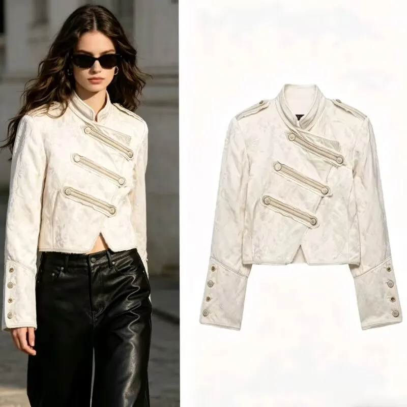

Spring 2026 Women's Short Asymmetrical Double-Breasted Jacket Stand Collar Long Sleeve Street Jacket with Cargo Pants Chic New