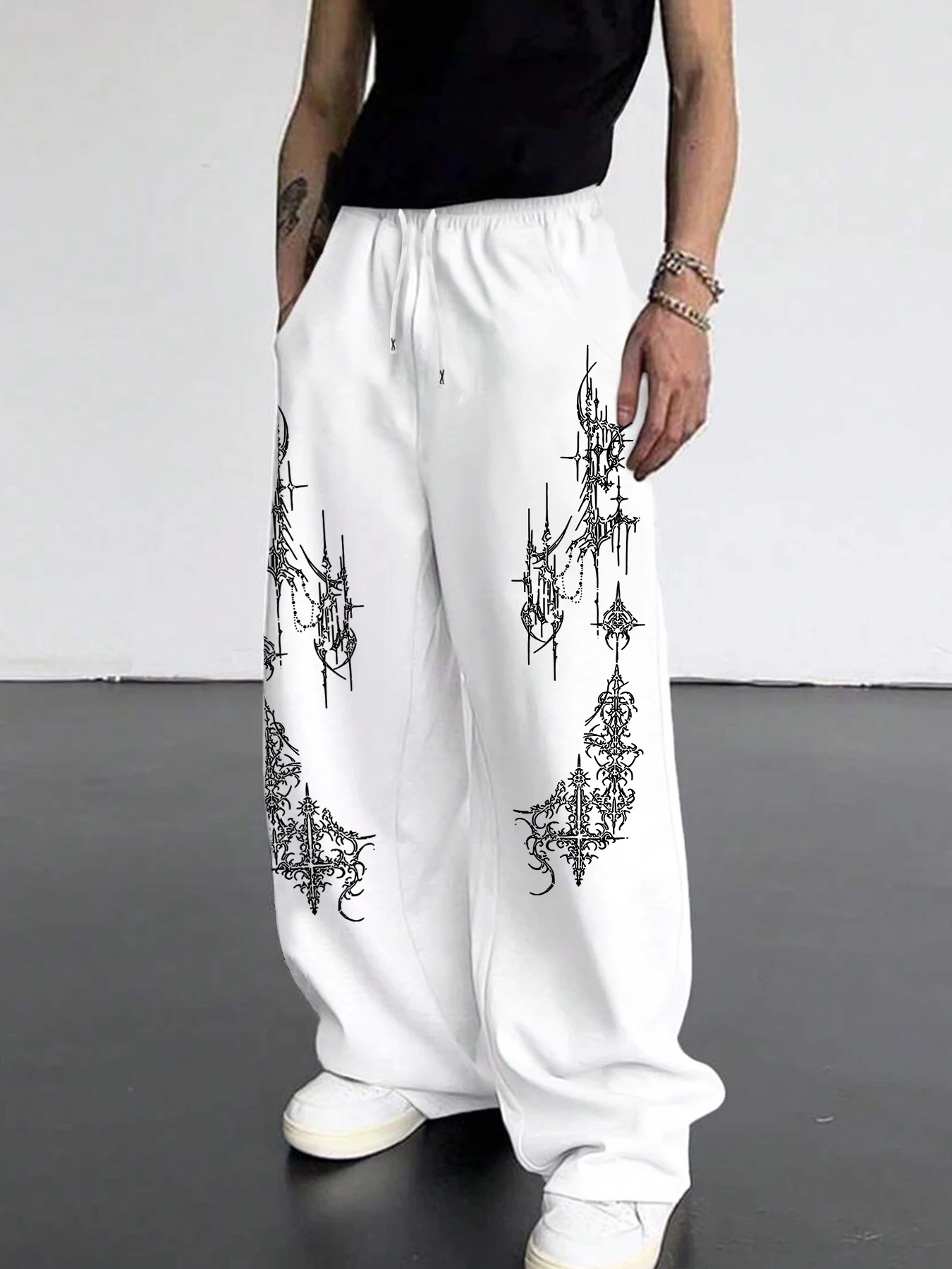

Men's Black and White Gothic Thorny Vine Jogging Pants - Loose All-season Casual Sports Pants, Straight-leg Design Casual Pants