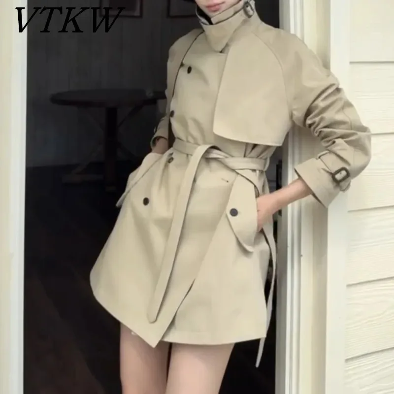 

VTKW 2025 Spring Women's Black Turtleneck Double-Breasted Trench Coat Belted Waist Long Sleeve Casual Formal Outerwear Ladies