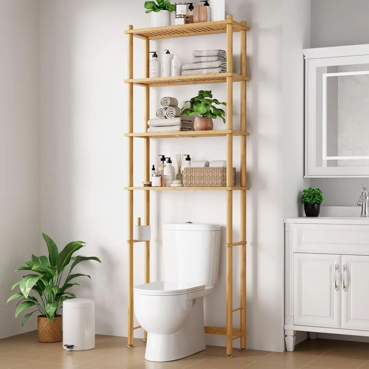 

Бамбуковая полка-органайзер над унитазом с держателем для туалетной бумаги, 4-ярусная полка для ванной комнаты, натуральное покрытие