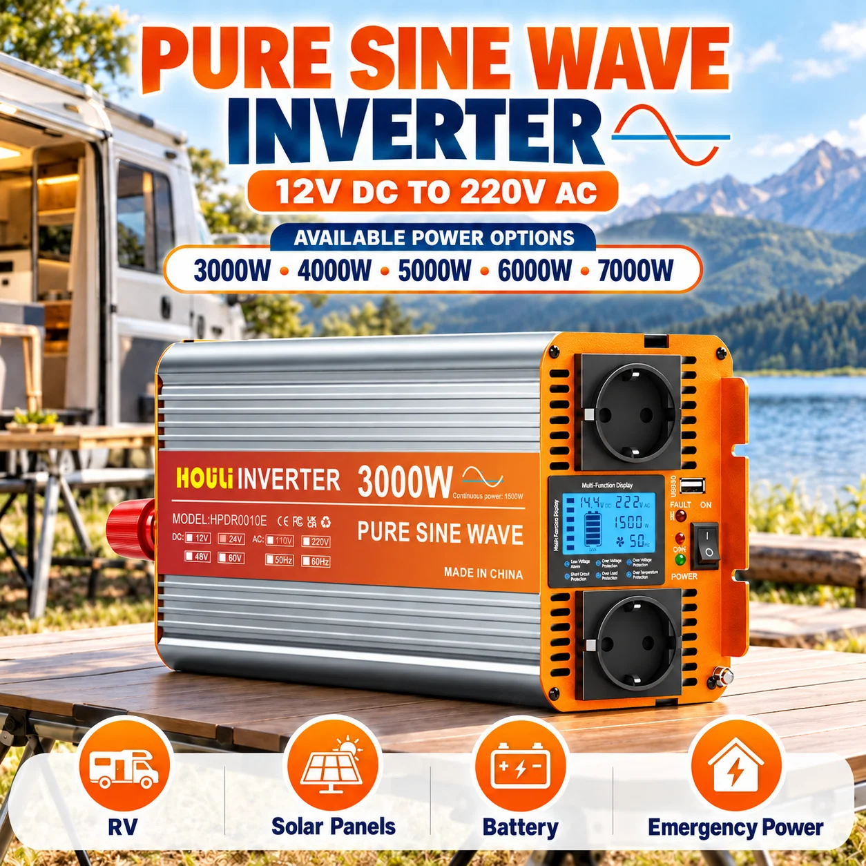 HOULI Wechselrichter 12V 230V Reiner Sinus Spannungswandler für Auto Wohnmobil LCD USB Fernbedienung