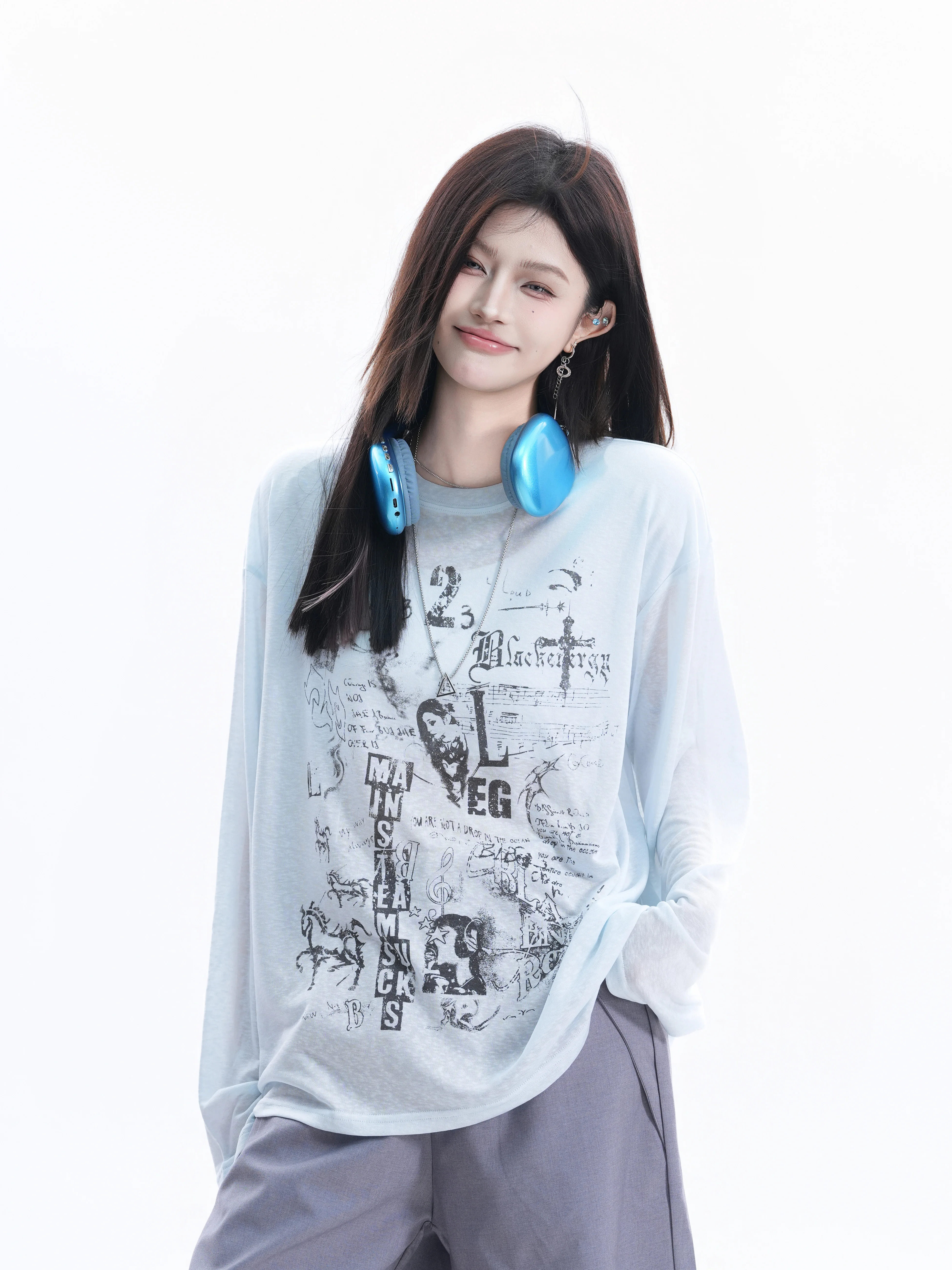 

Sweet Cool Graffiti Long Sleeve T-Shirt Women Loose Transparent American Hot Girl Style Cover up Summer Slimming Effect