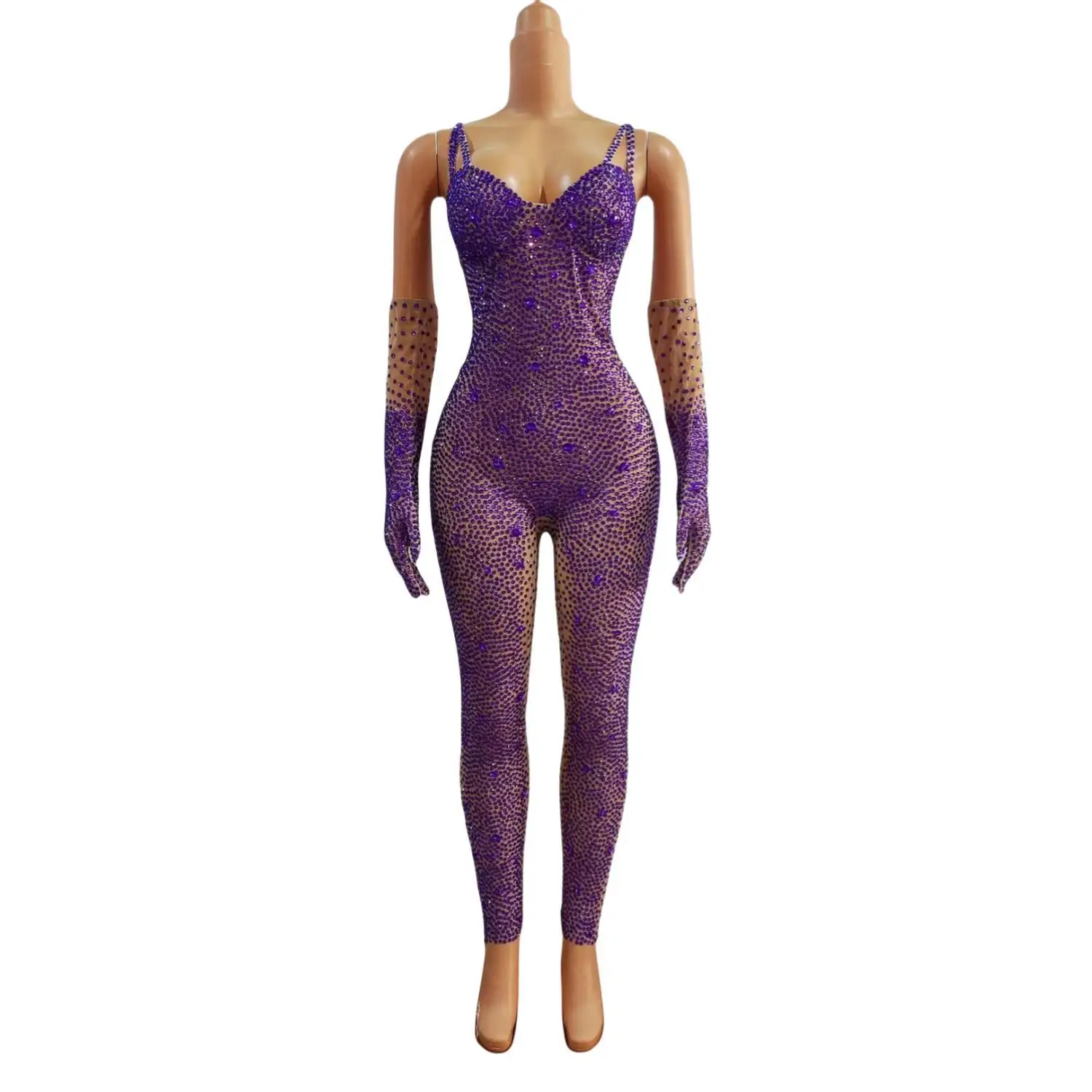 

Sparkly Rhinestone Sexy Bodycon Jumpsuit Gloves Birthday Party Bar Nightclub DJ Dancer Show Stage Wear Performance Dance Costume