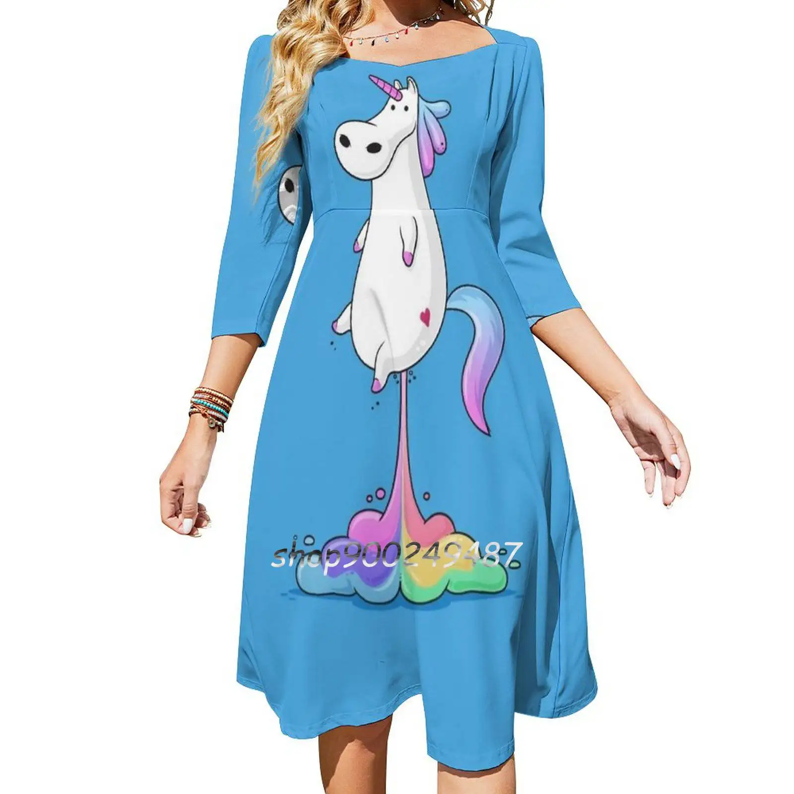 

Unicorn Fart Sweetheart Knot Flared Dress Fashion Design Large Size Loose Dress Unicorn Animal Fart Rainbow Funny Fat Horse