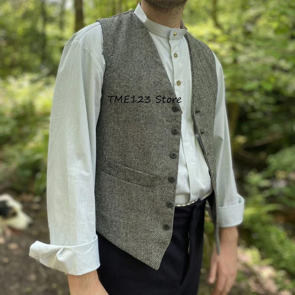 

Повседневный мужской классический жилет с v-образным вырезом, однобортный, из ткани «елочка», элегантный мужской жилет с прямыми карманами, модный костюм, жилет
