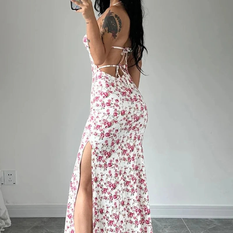 فستان دولزورا هالتر بدون أكمام بدون ظهر وأربطة مطبوع عليه زهور فستان ميدي نسائي مثير أنيق غير رسمي فستان طويل للحفلات والنوادي والشاطئ