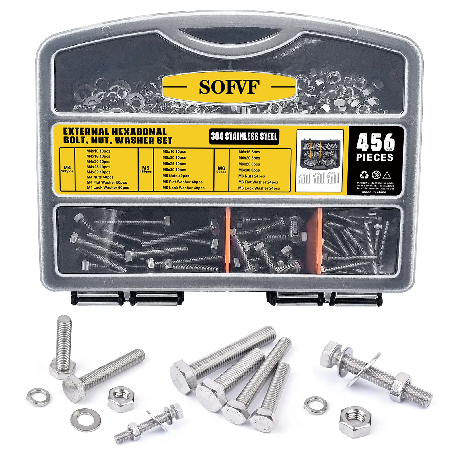 456Pcs Outer Hexagonal Screws, Small Hexagonal Head Stainless Steel Bolts, Washers, Nuts Classification Combination Kit