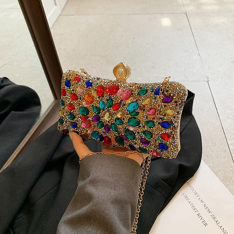 

Colorful Rhinestone Studded Dinner Bag 2024 New Fashionable Dress Evening Bag Chain Square Box Shaped Hand-held Bag for Women