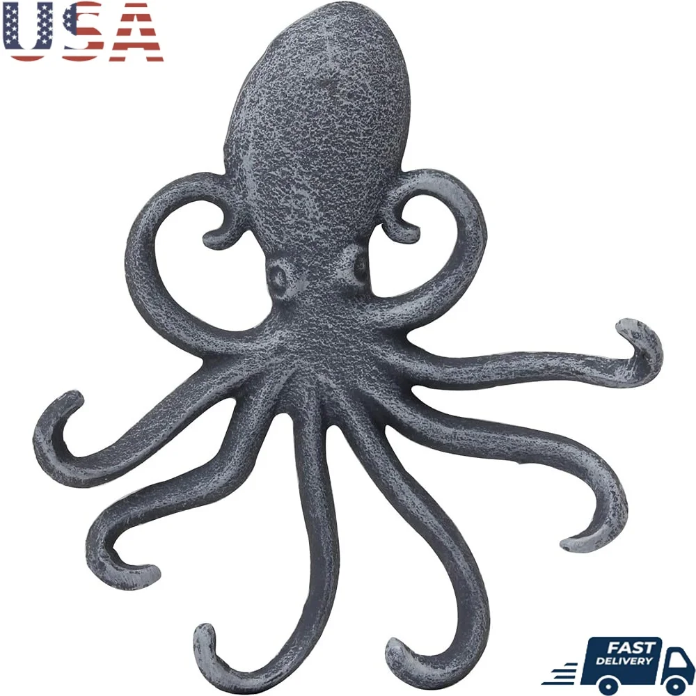 

Cast Iron Octopus Wall Hook Nautical Decor Heavy Duty Multiple Hooks Rustic Finish Bathroom Kitchen Hallway