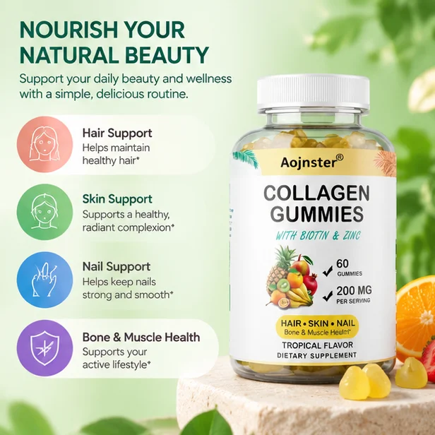 Tropical Flavor Collagen Gummies, Contain Biotin & Zinc, 200mg Per Serving, Easy Chew, 60 Count Dietary Supplement