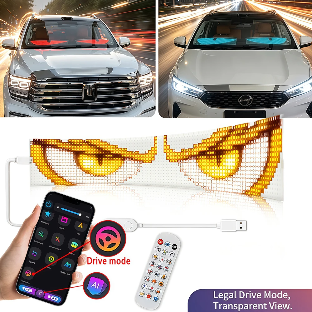 Transparent Car Windshield Sign LED Light with APP Control, AI Voice, DIY Custom Text Logo Animated Display for Car Truck SUV RV