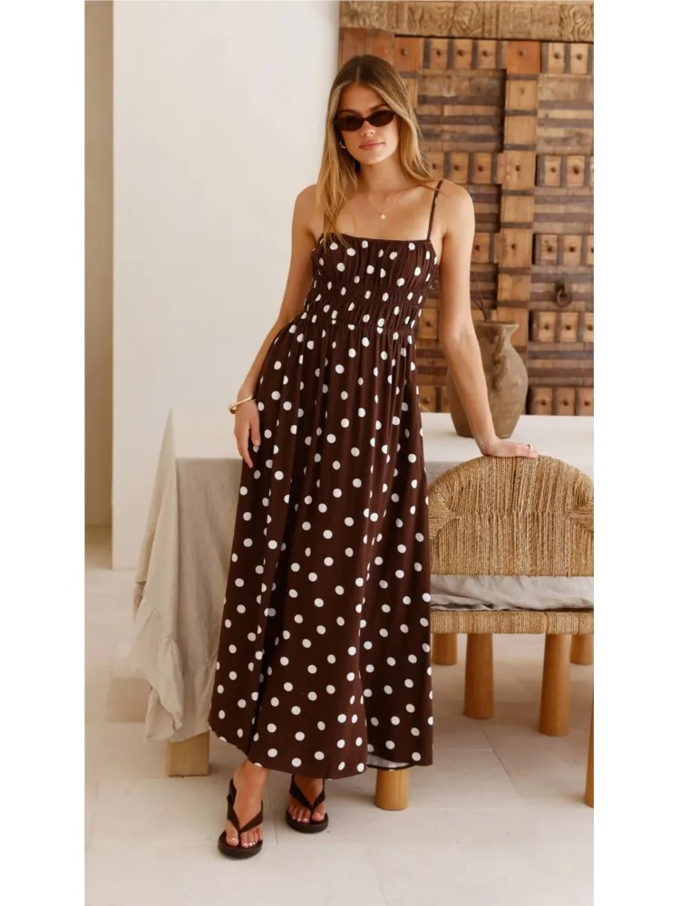 

New Women's Polka Dots Print Spaghetti Strap Long Dresses Summe Casual Elastic Waist Beach Vacation Dress Woman Party Dress