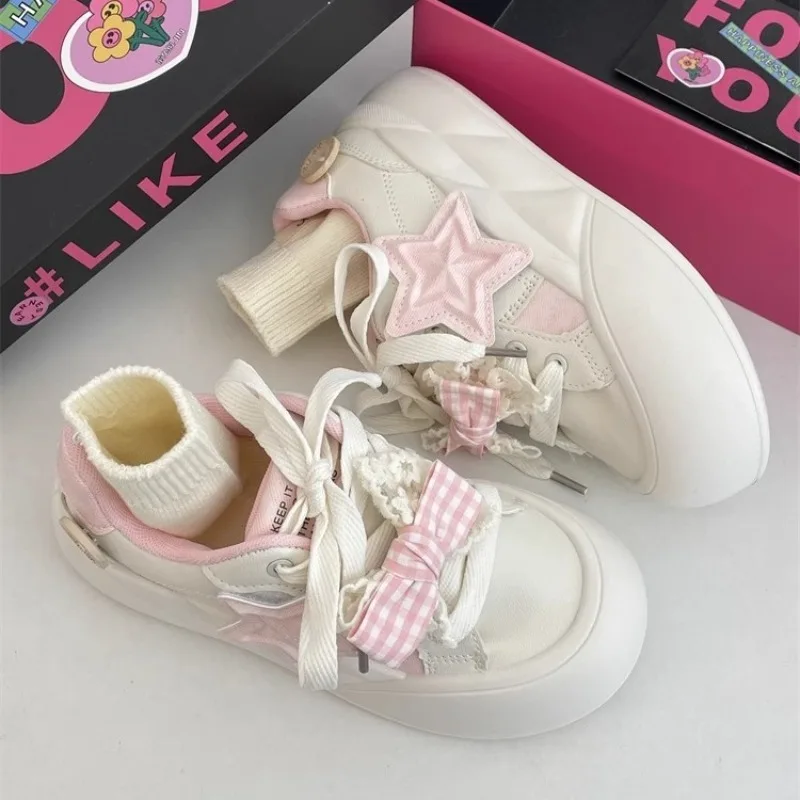 

Cute Star Design Sneakers for Female Students Pink Bowknot Thick-soled Sneaker Women's Casual Tennis Shoes Zapatillas De Mujer