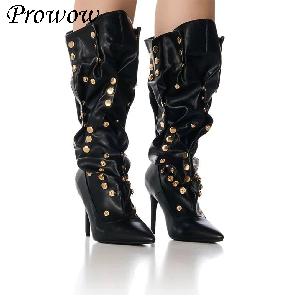 

Плиссированные тонкие сапоги до колена на тонком высоком каблуке с острыми пуговицами и заклепками, женская обувь Zapatos Mujer