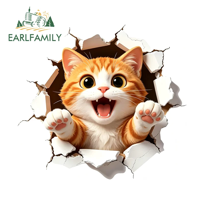 EARLFAMILY Orange Cat Breaking Wall Car Stickers Art Cute Kitten Burst Decal Scratch Proof Vinyl Window Bumper Truck Decor