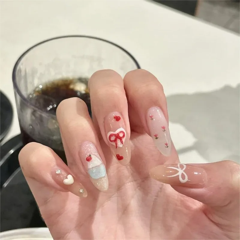 10 Stück handgemachte Press on Nails Sommer Mandel Stick-on Nails süße Kuchen Schleife falsche Nägel mit Design koreanischer Nagel Kostenloser Versand