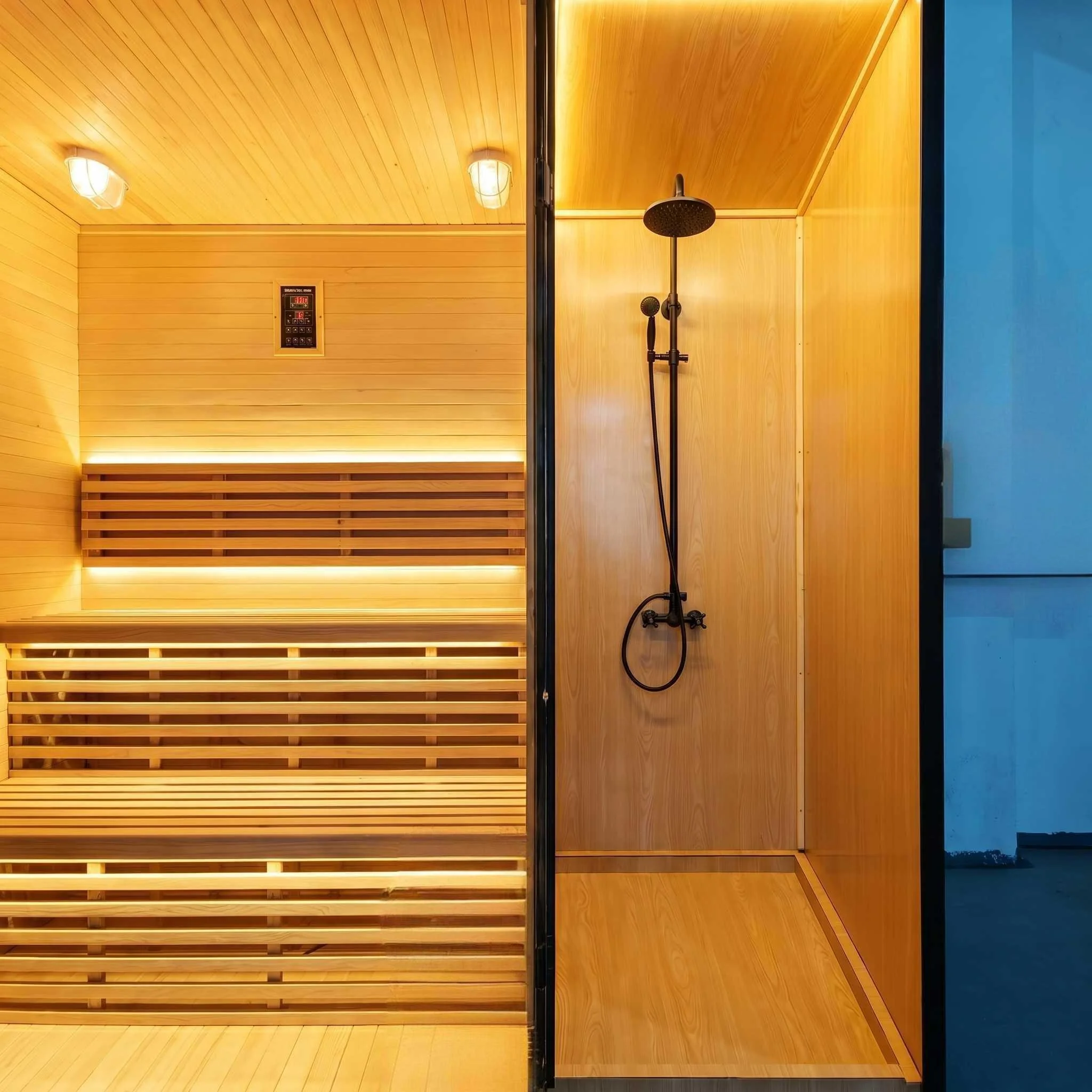 Traditional 2-4 Person Solid Hemlock Wood Sauna Room Outdoor with Bathroom Changing Room for Apartment Villa Park