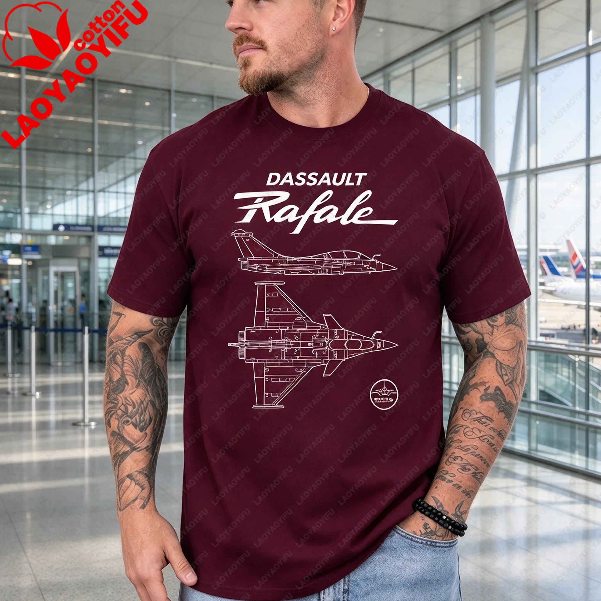 Dassault Rafale French Fighter Jet Cotton T-Shirt Dual-view Fighter Jet Contour Design Air Force Theme Engineering Drawing Style