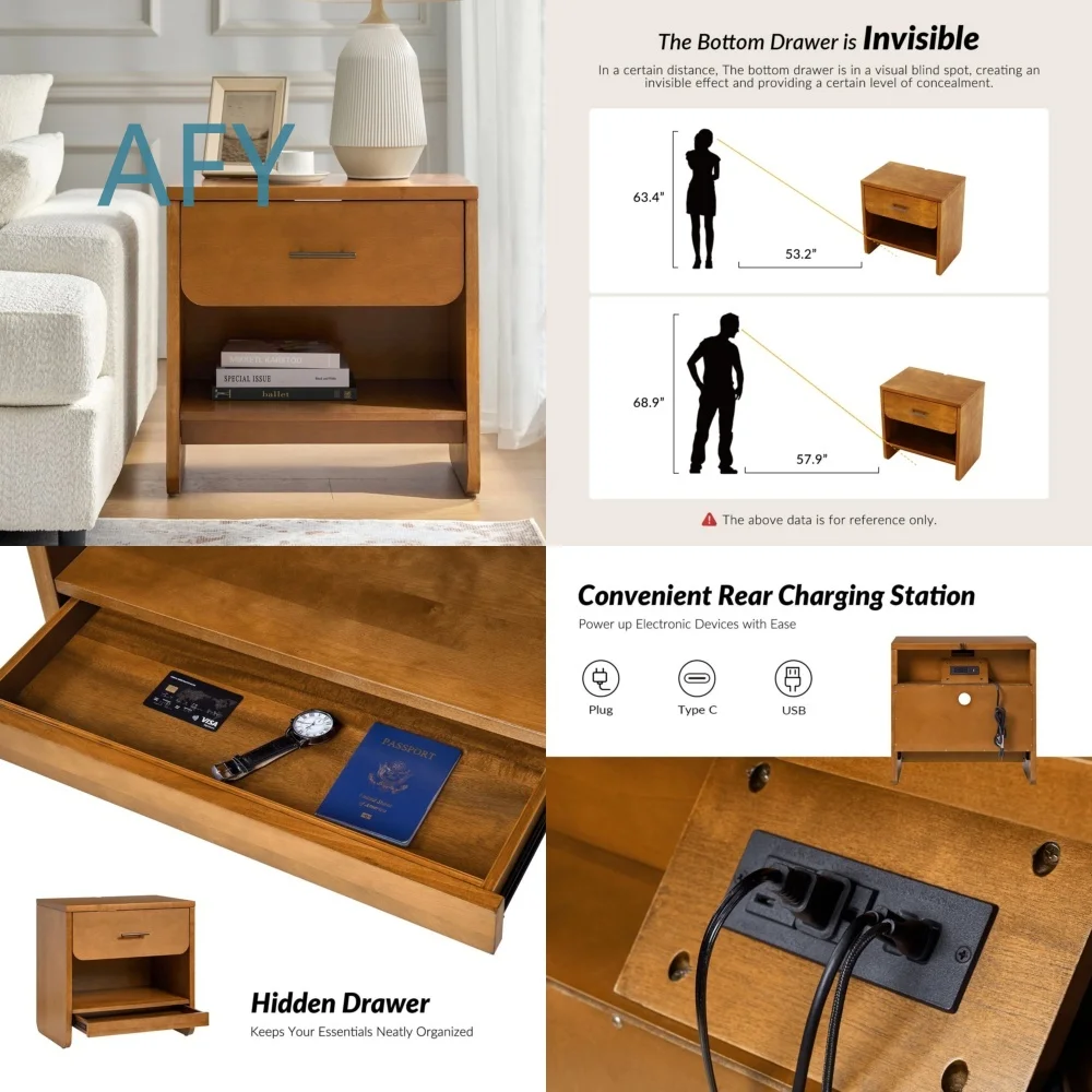 Modern Bedside Table with Hidden Drawer and USB Charging Socket for Bedroom Furniture Custom Design for Home Office Decor for