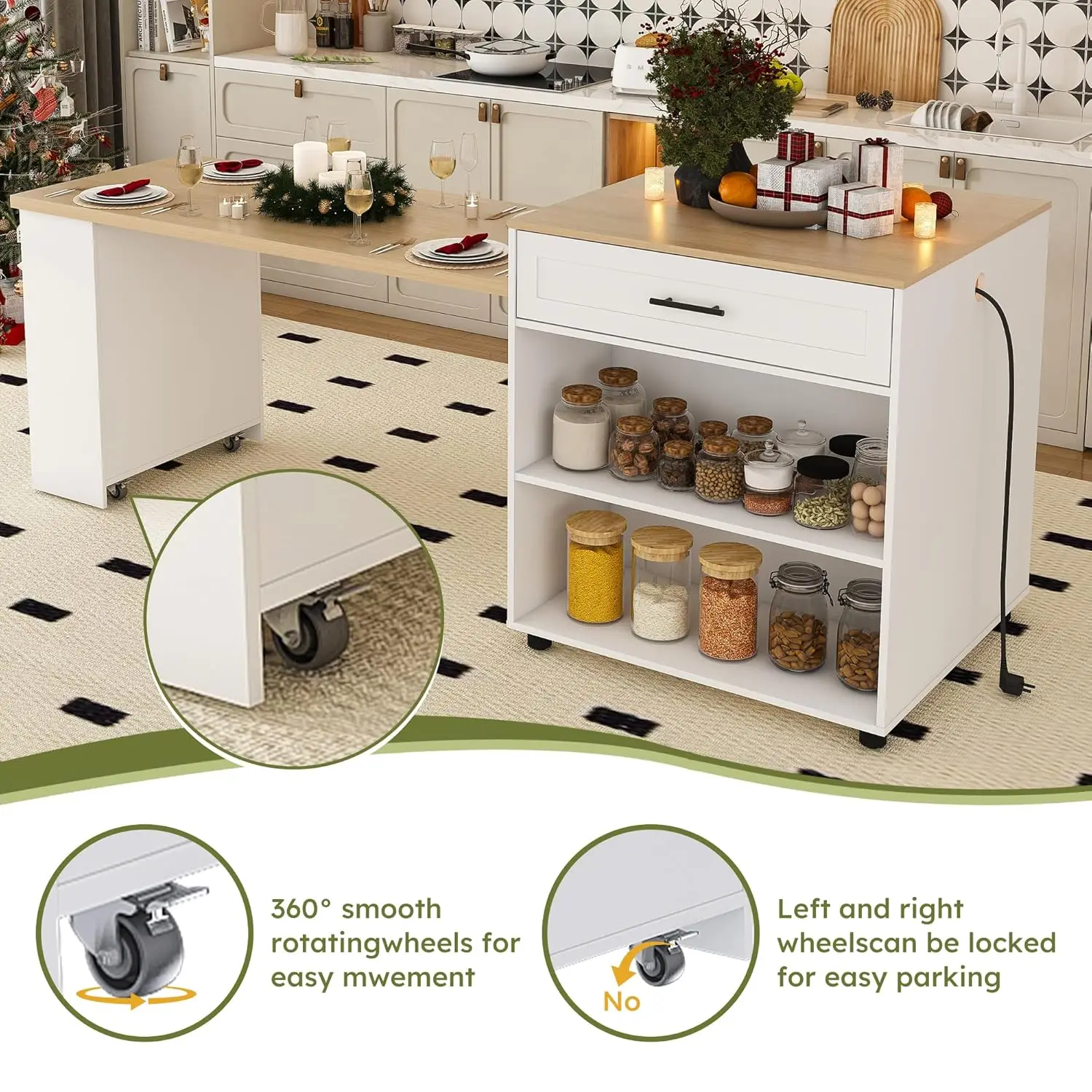 80" Kitchen Island Extendable Table Marble Top Power Outlet Rolling Cart Cabinet 2 Drawers Dining Room, Customized image 3
