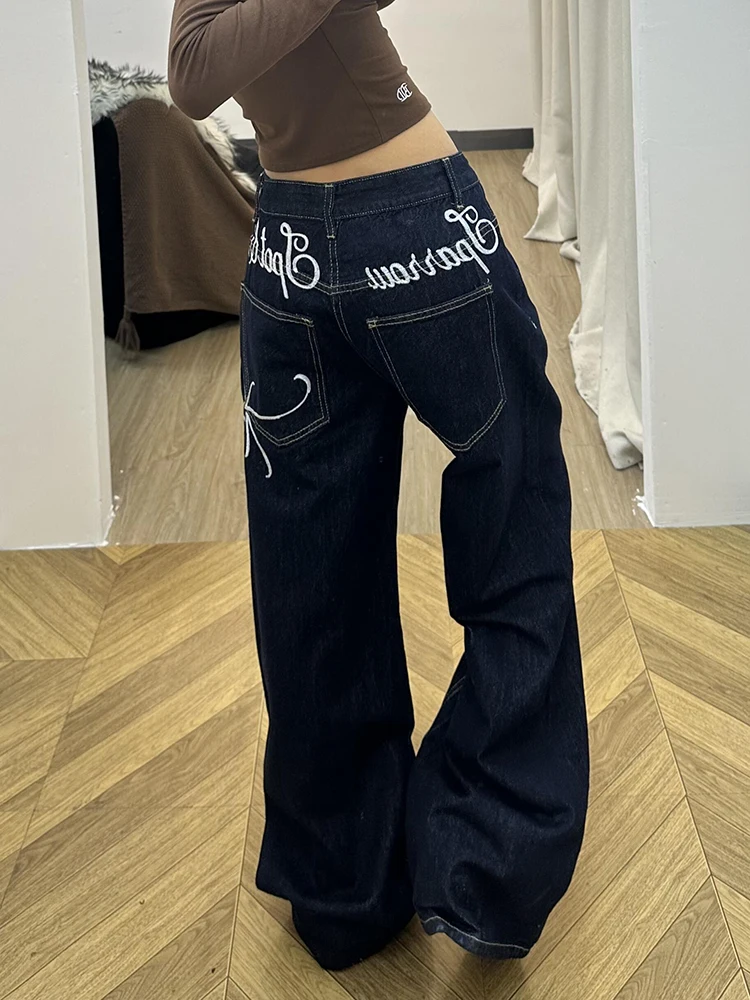 

American Retro Deep Blue Letter Embroidery Jeans Luxury Street Style Denim Pants Loose Fit Autumn Season Natural Waist