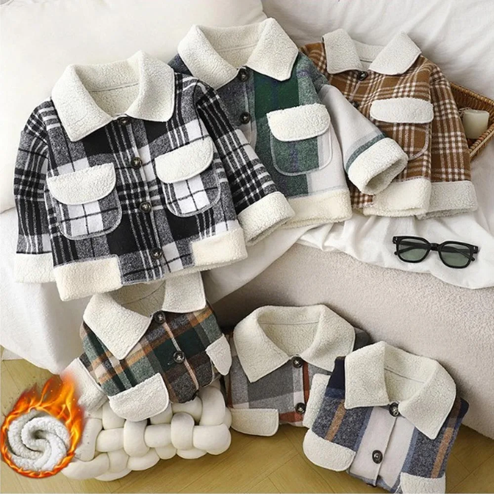 

Осенне-зимнее детское пальто, толстый верх, верхняя одежда с уютными флисовыми воротниками, клетчатые кардиганы для девочек и мальчиков, куртка из ягненка, детская одежда