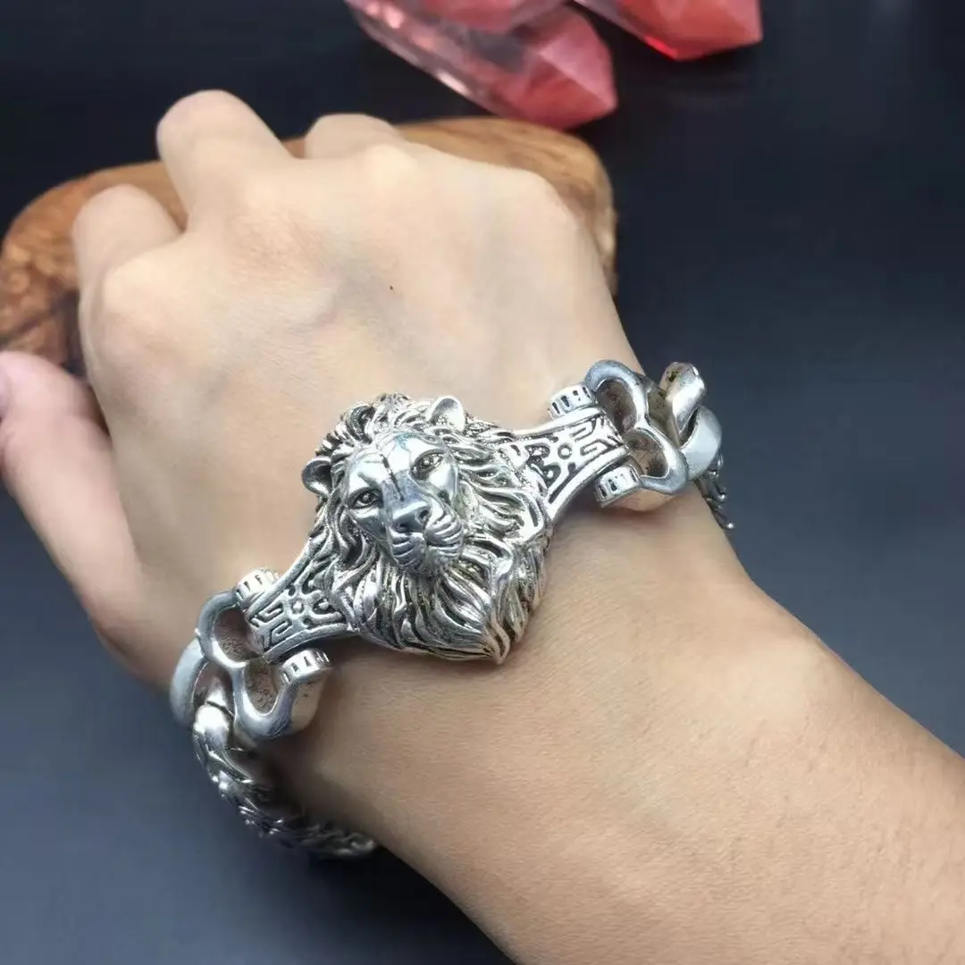 Classic Elegant S925 Tibetan Silver Inlaid Domineering Lion Bracelet  Men Women Jewelry Couple Birthday Party Gifts
