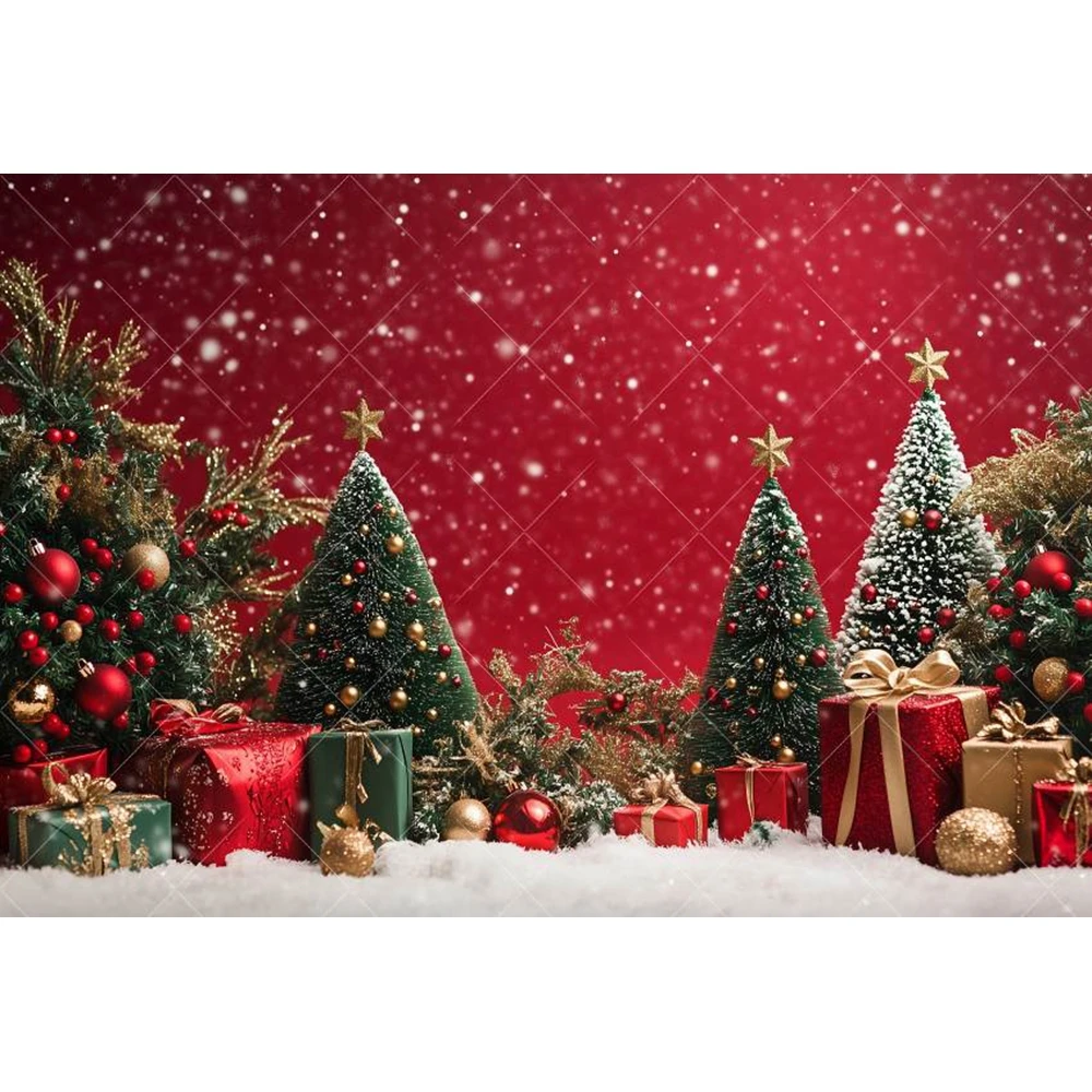 Christmas Decoration Backdrop Red Wall Xmas Tree Glitter Gold Gift Winter Snowflake Family Portrait Backgrounds For Photographs