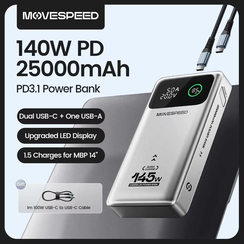 MOVESPEED M25Pro 140W Power Bank 25000mAh Type C Fast Charge Portable External Battery 145W Total PowerBank for iPhone Laptop