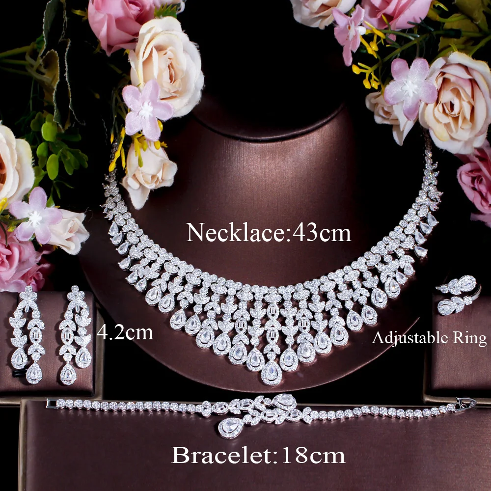 CWWZircons Super Luxury Tassel Leaf Drop Big Chunky Wedding Necklace Dubai White Gold Plated 4pcs Jewelry Sets for Brides T647