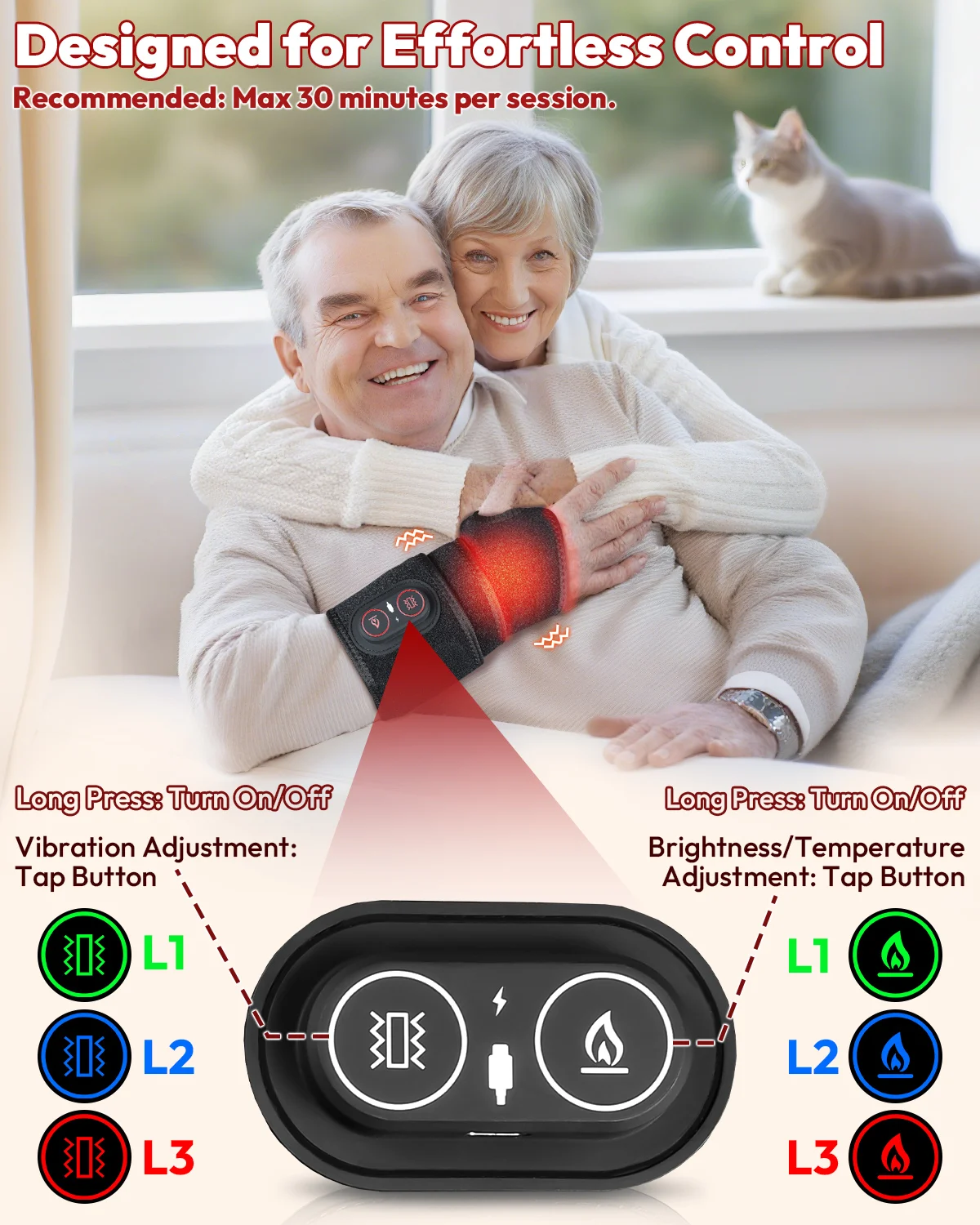 Red Light Therapy Wrap for Body Hands, Wearable Infrared Heating Pad with Vibration, Cordless Heated Wrist Massager, 36 LEDs