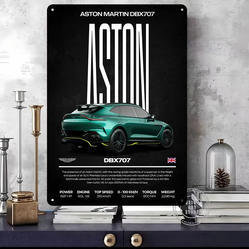 Aston Supercar 3D Textured Metal Posters Custom Wall Art Aesthetic Vintage Metal Tin Signs for Man Cave Decoration Garage Decor