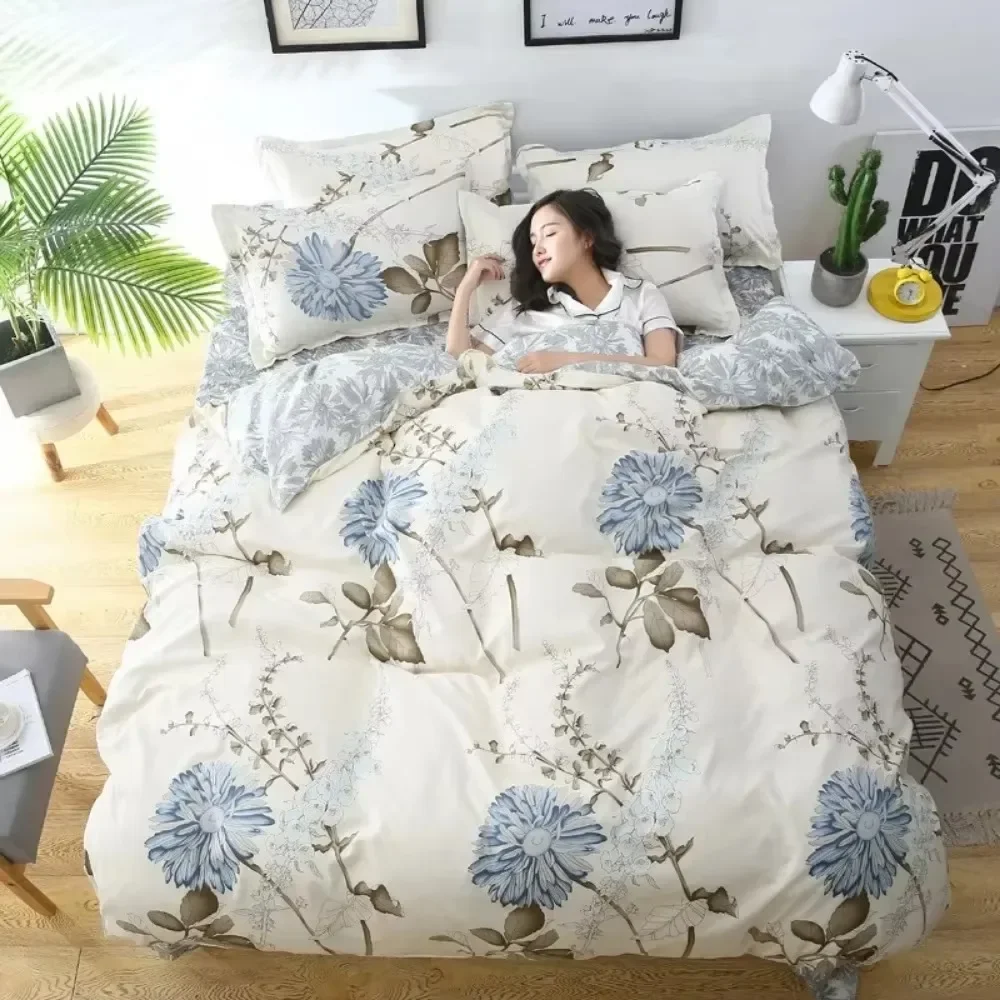 4pcs/set Floral Pattern Plant Floral Print Set A Duvet Cover and A Pair of Pillowcases (no Padding) Suitable for Bedroom 침대커버세트