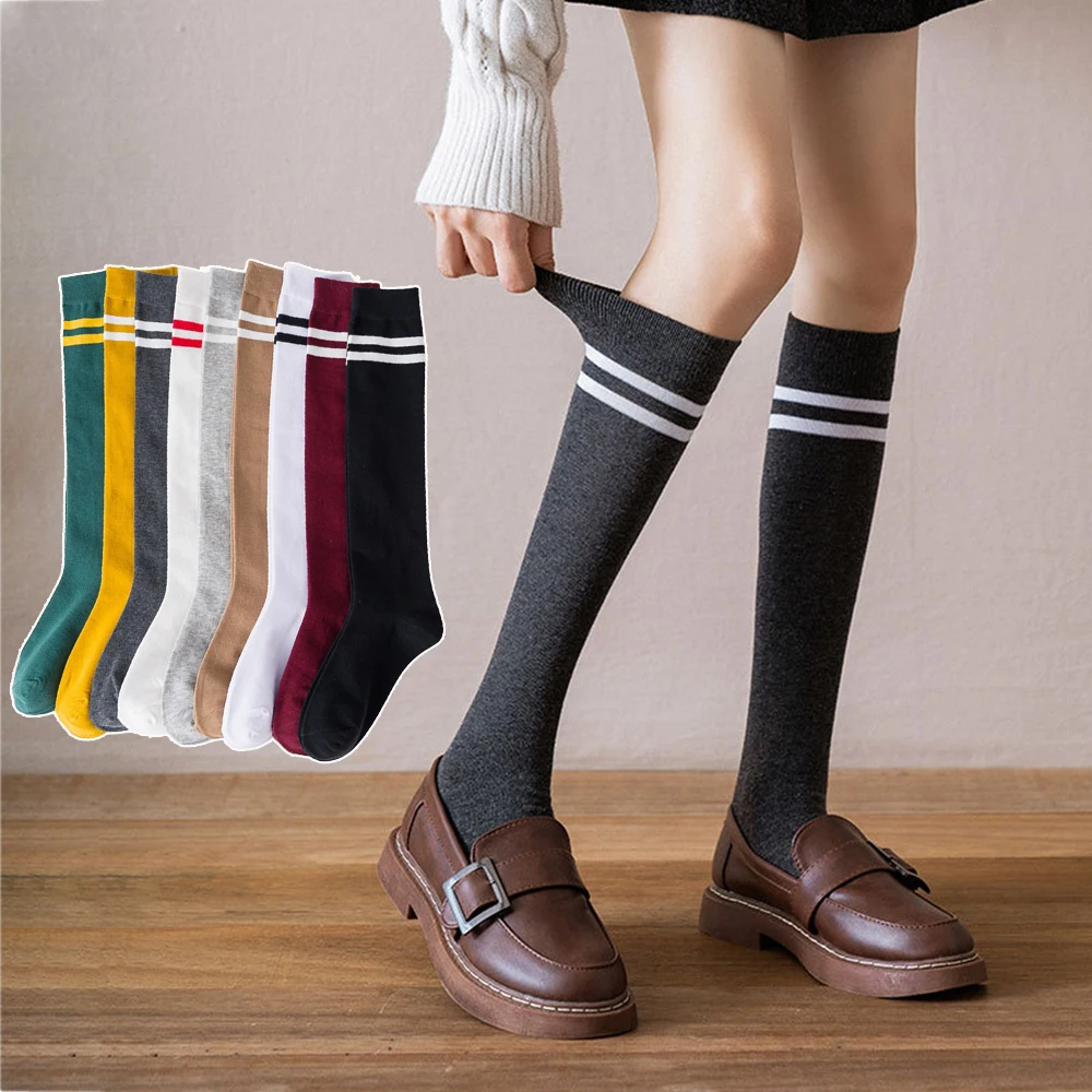 Long Knee High Socks Stockings Women Solid Colors Striped Casual Sports Warm Breathable Calf Socks Korean Fashion Japanese Style