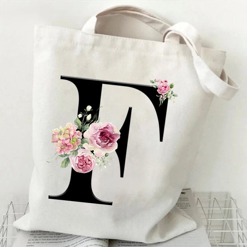 Women Tote Bag Black Alphabet Rose Canvas Shoulder Bag Large Capacity Vintage Portable Practical Commuter Bag Letter Y2K Handbag