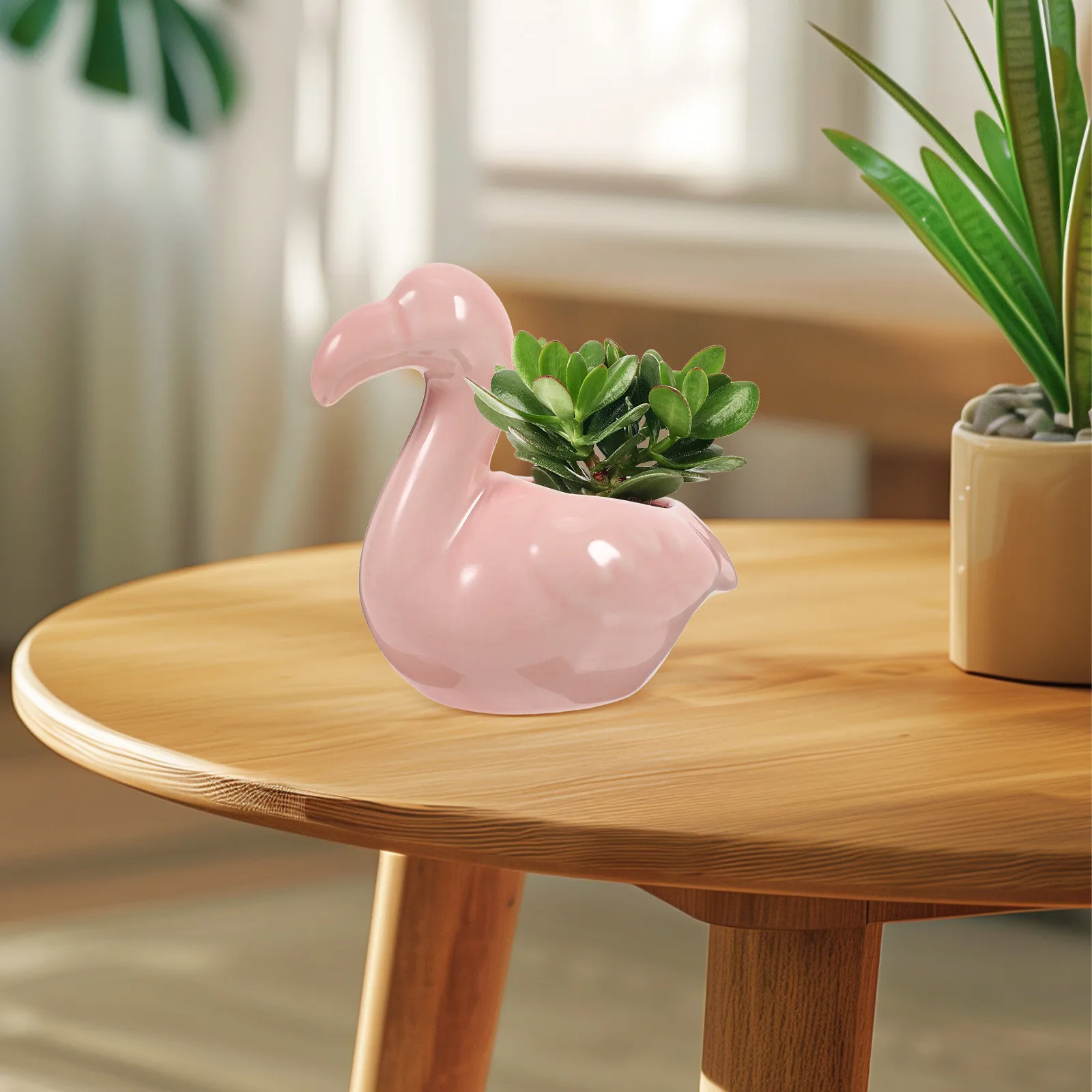 2Pcs Lovely Pink Flamingo Ceramic Flower Pot Succulent Planter for Desk Window Office Living Room Garden Minimalist Drainage