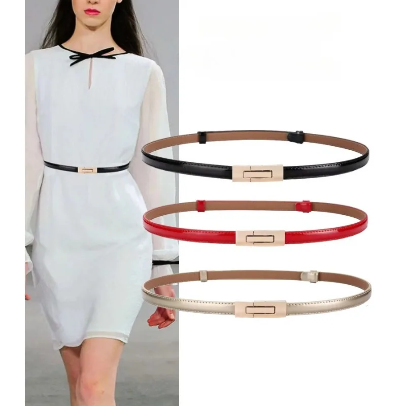 Fashion Metal Buckle Thin Waistband Glossy Patent Leather Women's Waist Sealed Dress Set Waist Cinching Slimming Combination